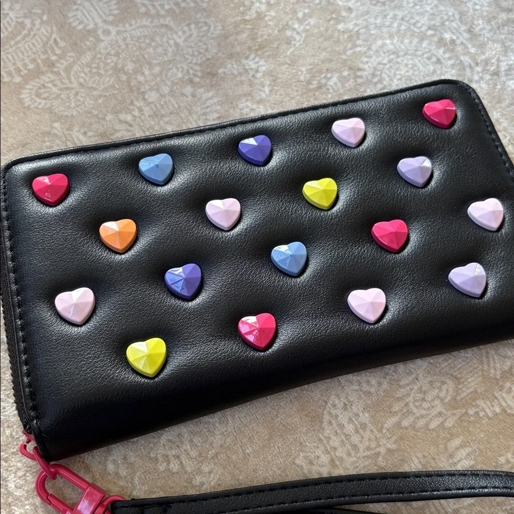 Betsey Johnson Black Multicolored Candy Metal Hearts Zip Around Wristlet Wallet